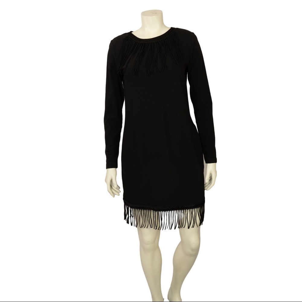 European Culture Knee Length Fringe Dress w/ Tags, Black, Size: XXL | IT 16